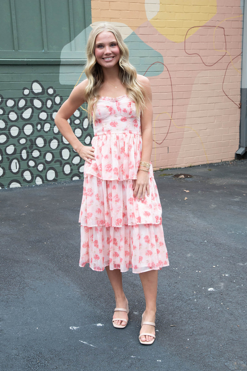 pink floral tiered dress Pink Floral Ruffle Tiered Maxi Dress