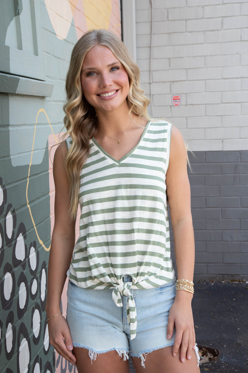 Charlie V-Neck Tie Tank, Sage/Muslin Stripe | Sanctuary