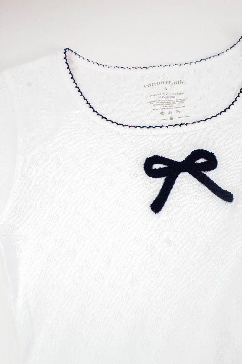 Blue Bow Embroidered Pointelle Top, Off White