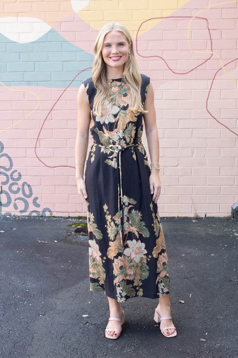 Alaina Floral Tie Waist Dress, Black
