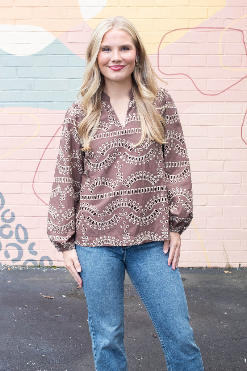 Daphne Eyelet Embroidered Blouse, Mocha