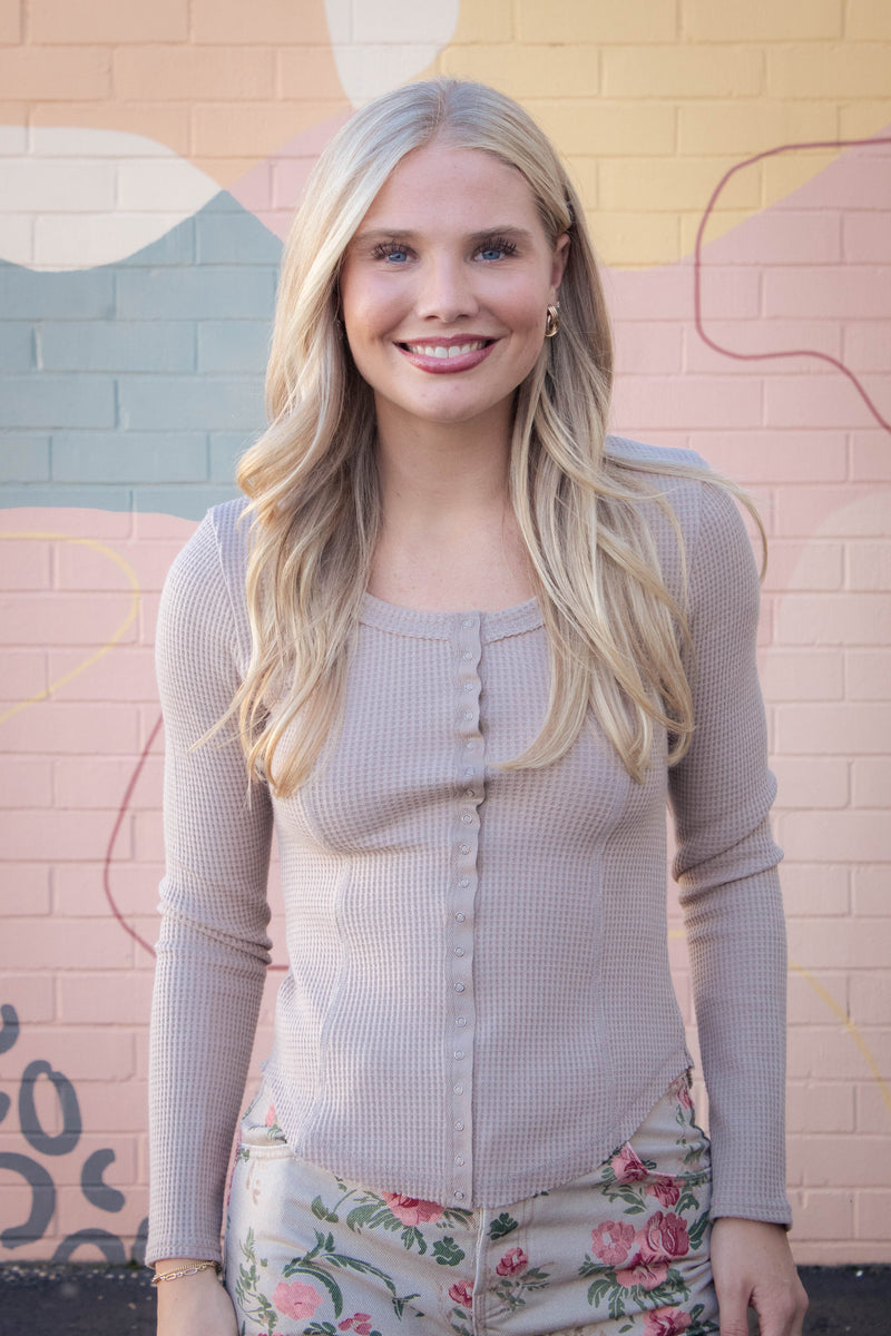 Opal Waffle Knit Snap Button Top, Mocha