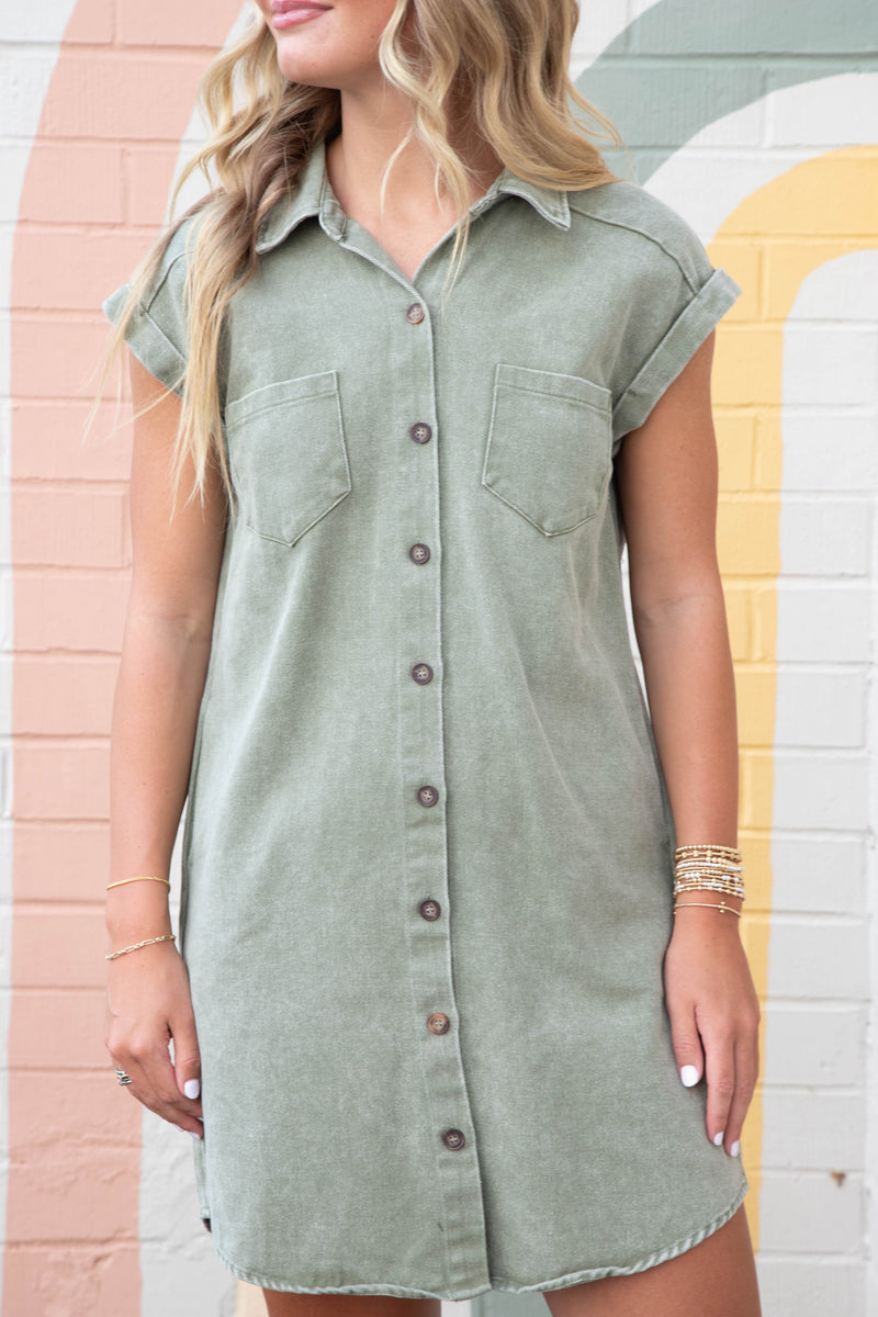 Addison Cuffed Button Down Shirt Dress, Olive