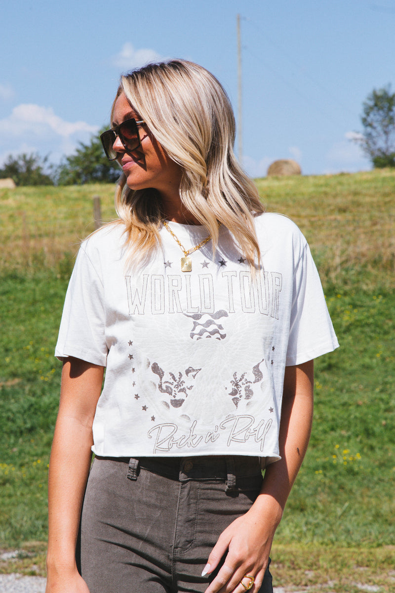World Tour Cropped Graphic Tee, Antique White