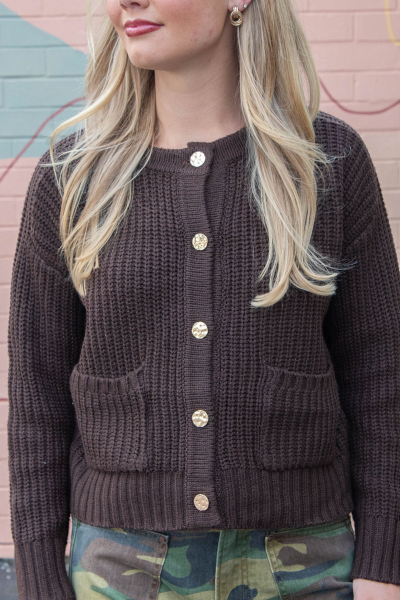 Catalina Metal Button Front Cardigan, Brown
