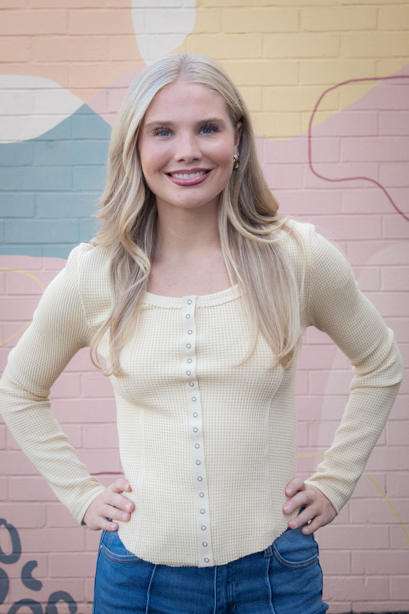 Opal Waffle Knit Snap Button Top, Yellow