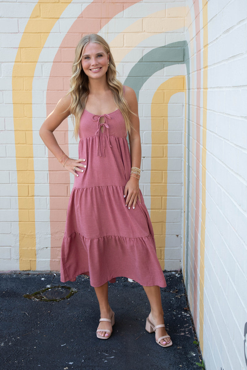 Aurora Striped Front Tie Cutout Dress, Mauve