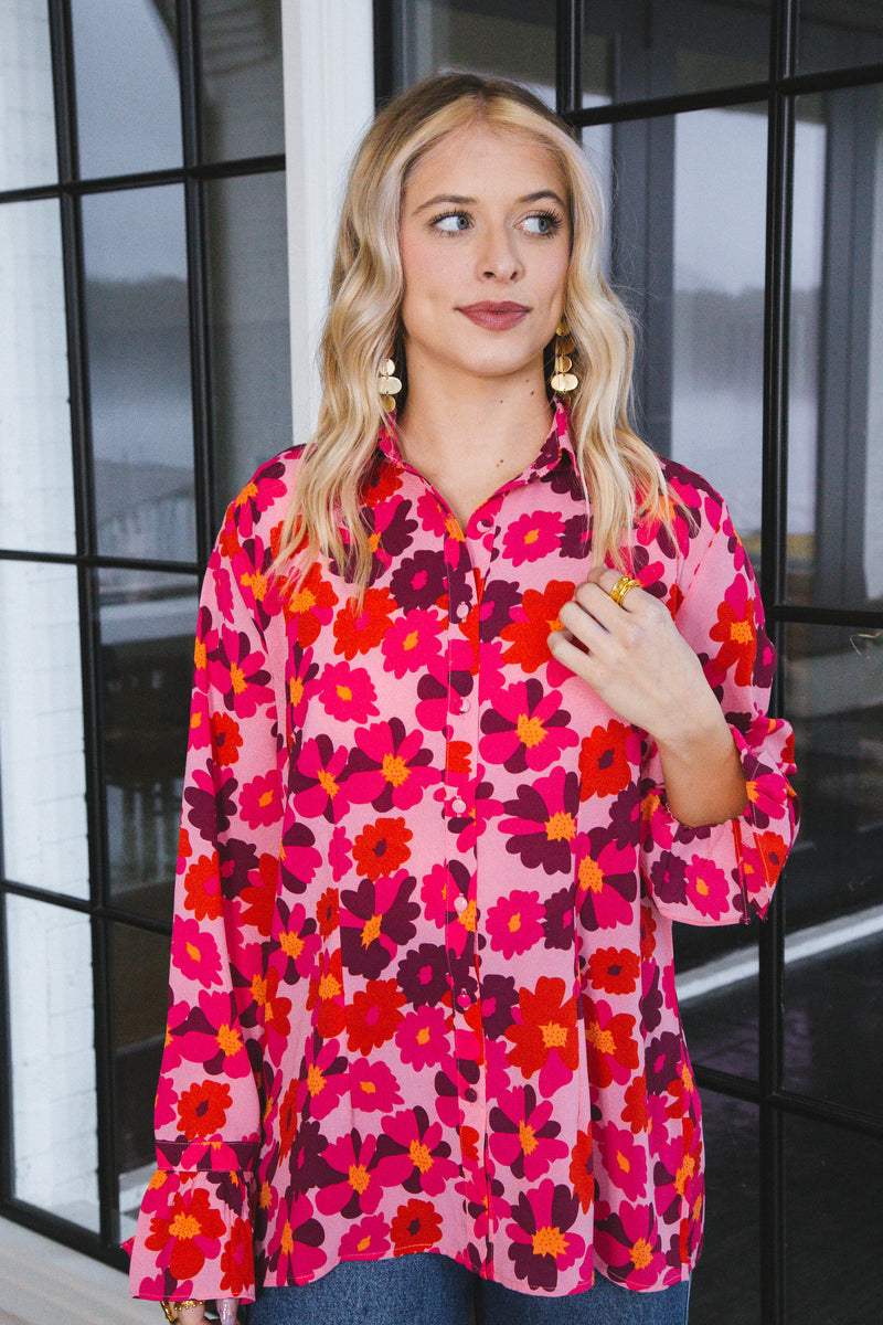 Lara Floral Bell Sleeve Blouse, Hot Pink