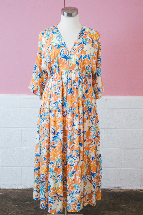 Ximena Floral Maxi Dress, Apricot | Extended Sizes