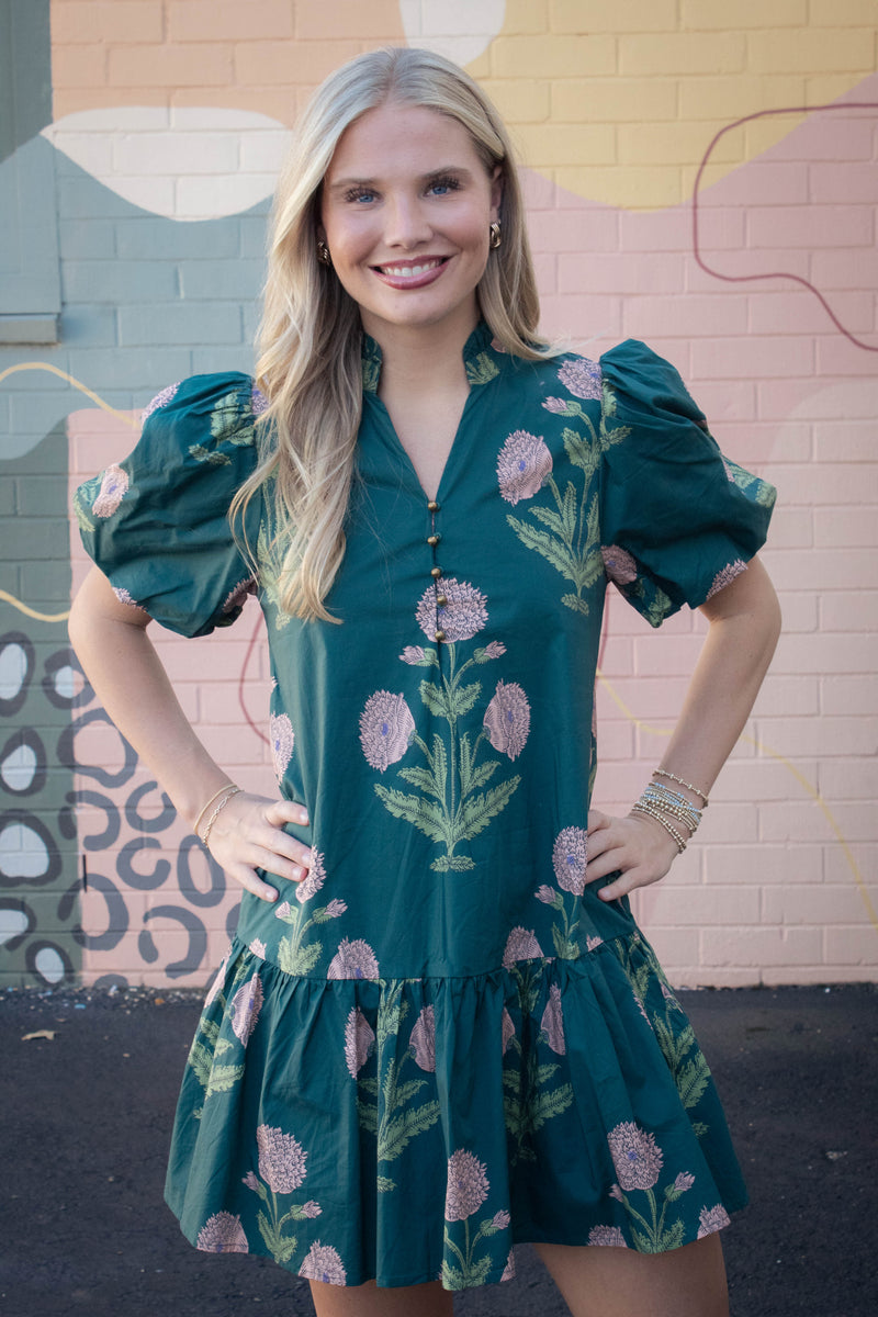 Avery Floral Bubble Sleeve Dress, Hunter Green