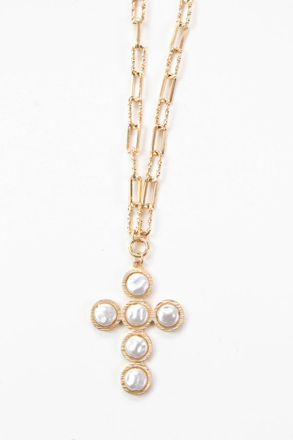 Indie Pearl Flat Beaded Cross Necklace, Gold