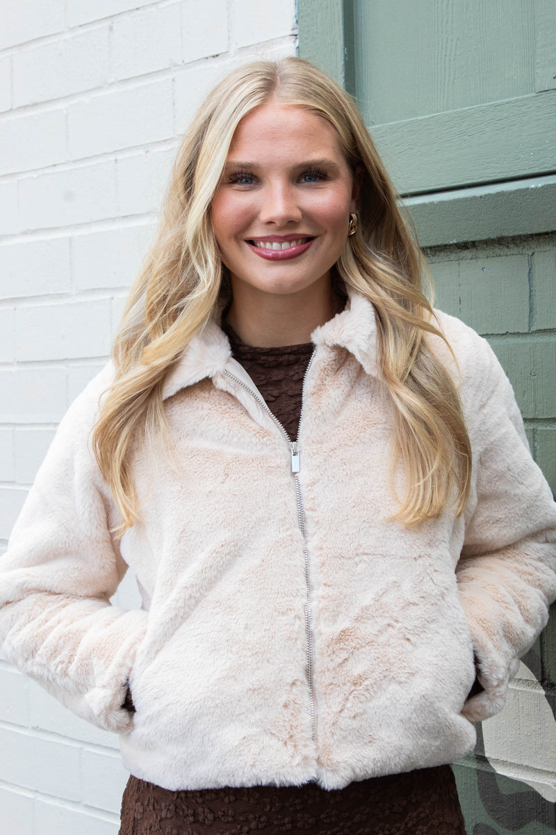 Libby Faux Fur Zip Up Jacket, Cream | Sadie & Sage