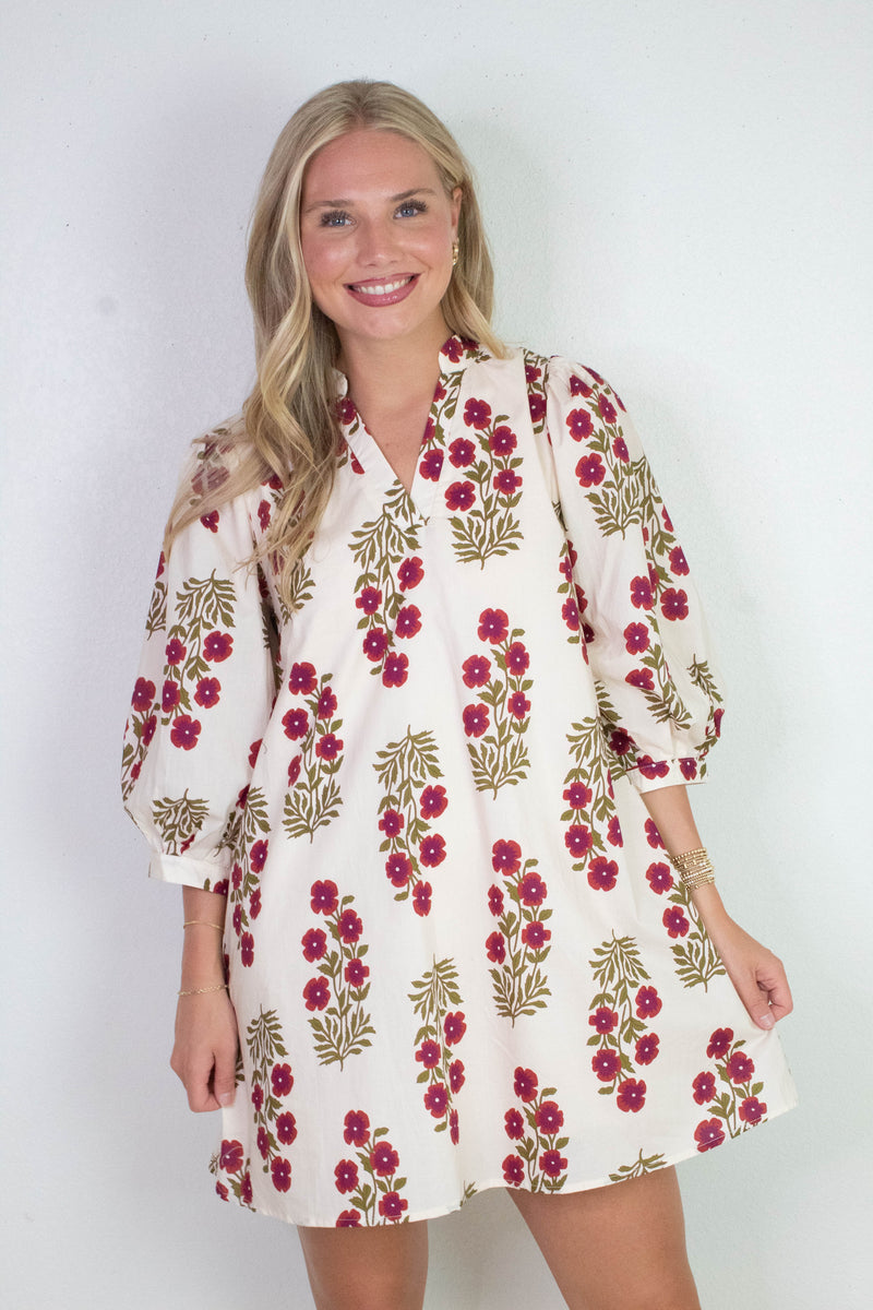 Esme Floral V-Neck Mini Dress, Red Ecru