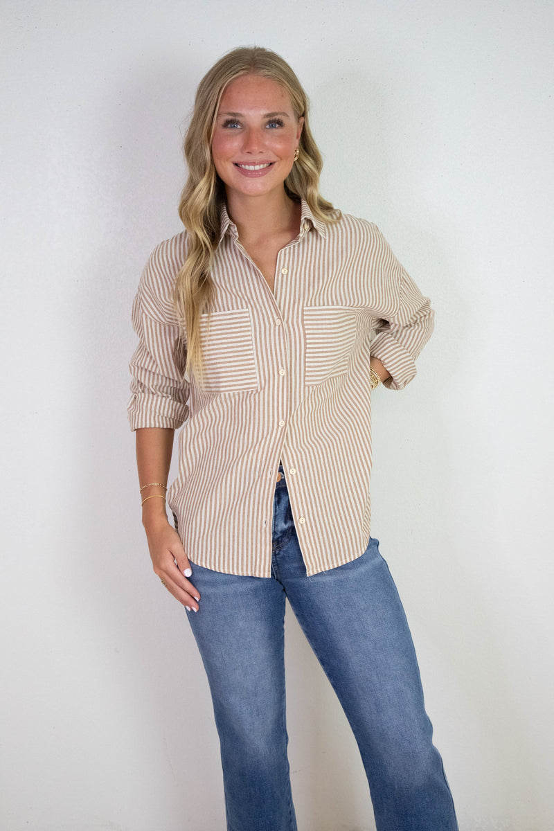 Rachel Striped Button Down Shirt, Taupe