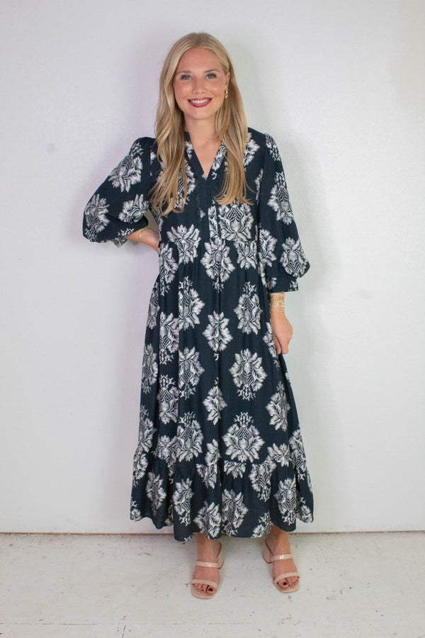 Cecilia Boho Floral Midi Dress, Navy