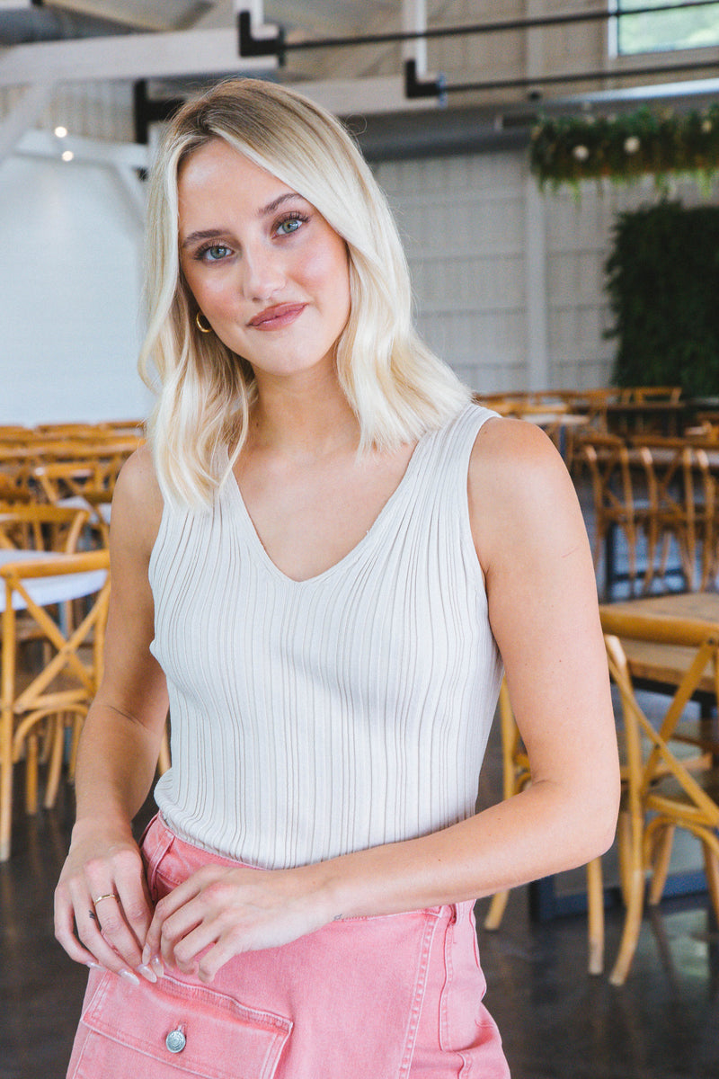 June Sleeveless V-Neck Top, Oatmeal