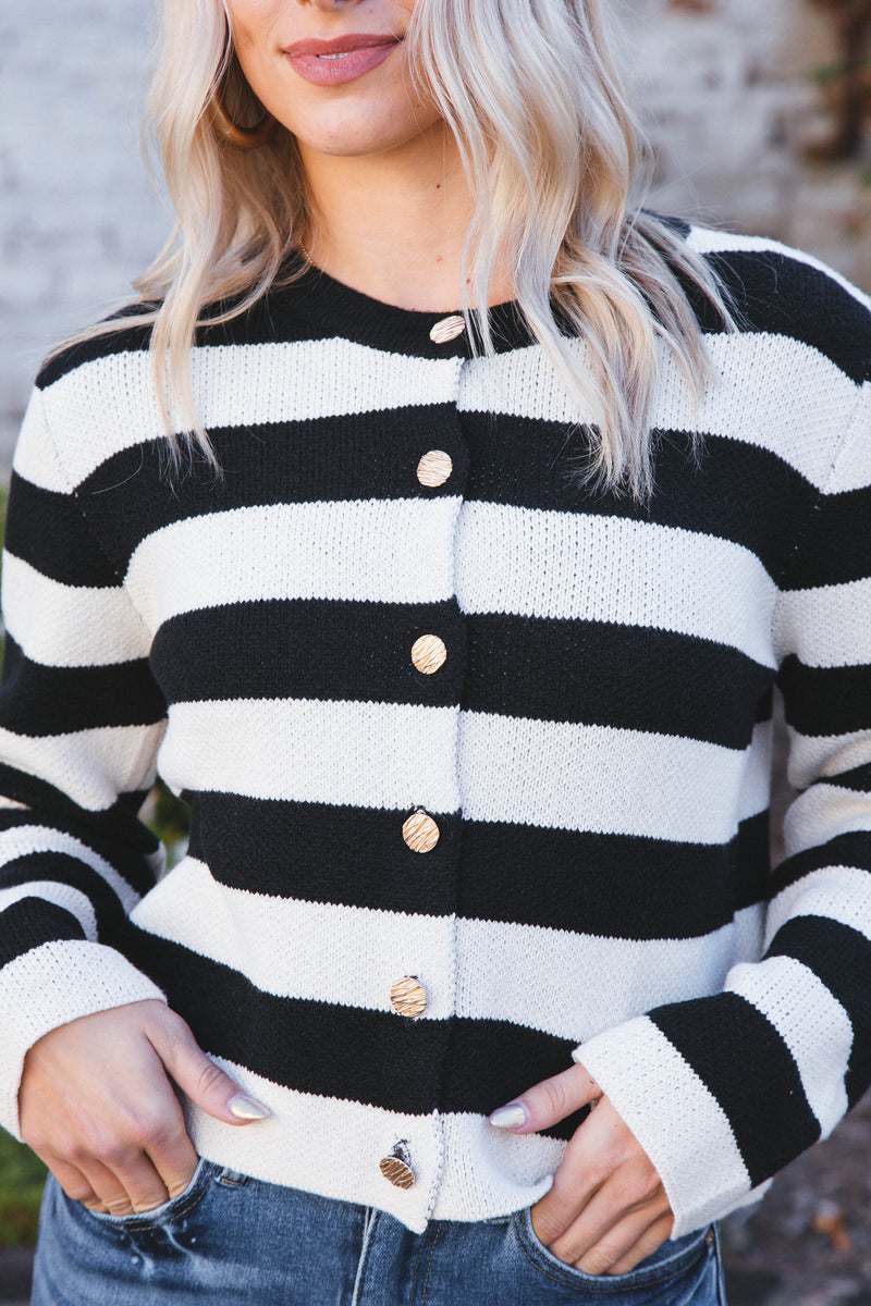 Calliope Stripe Button Down Sweater Crop Jacket, Black