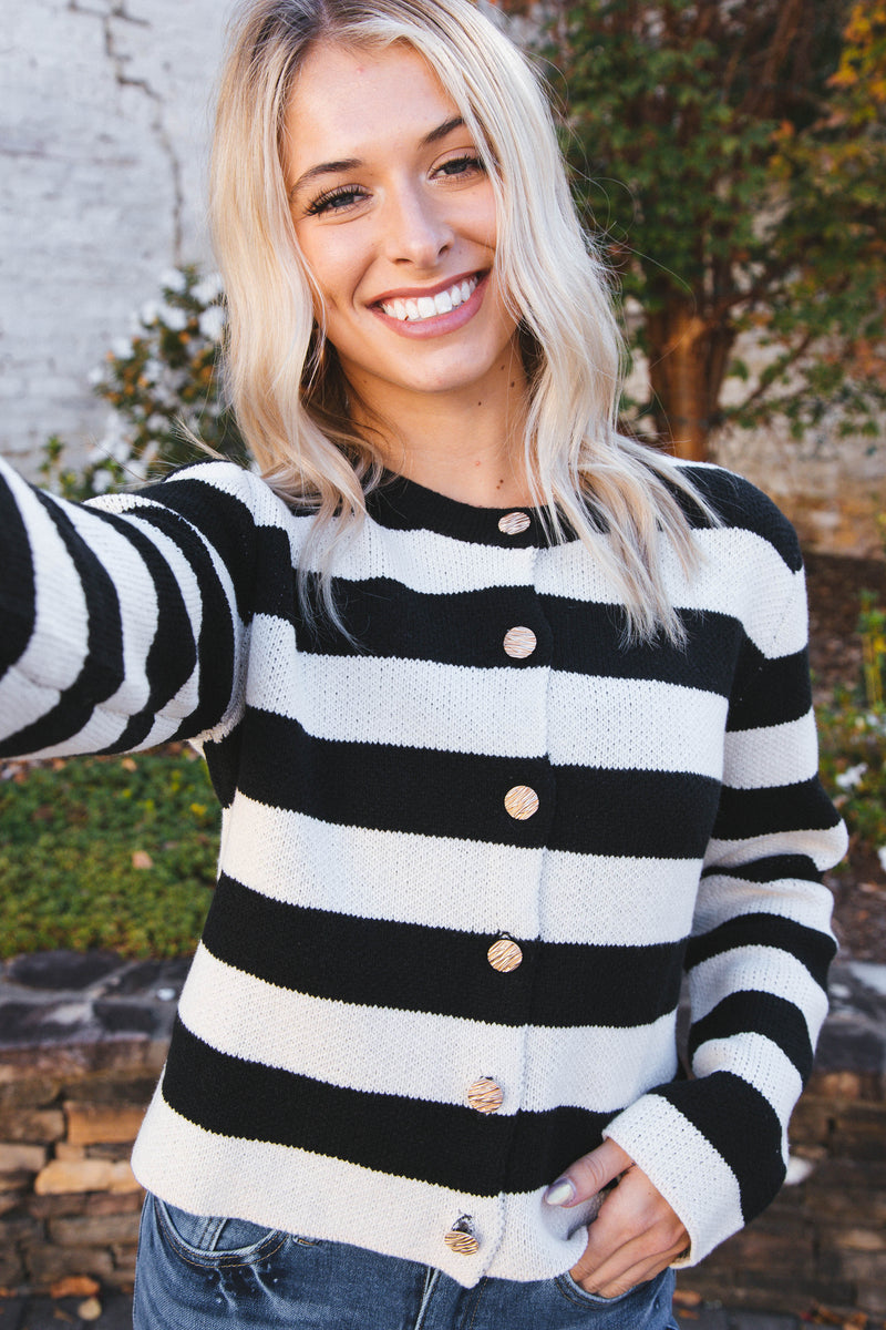 Calliope Stripe Button Down Sweater Crop Jacket, Black