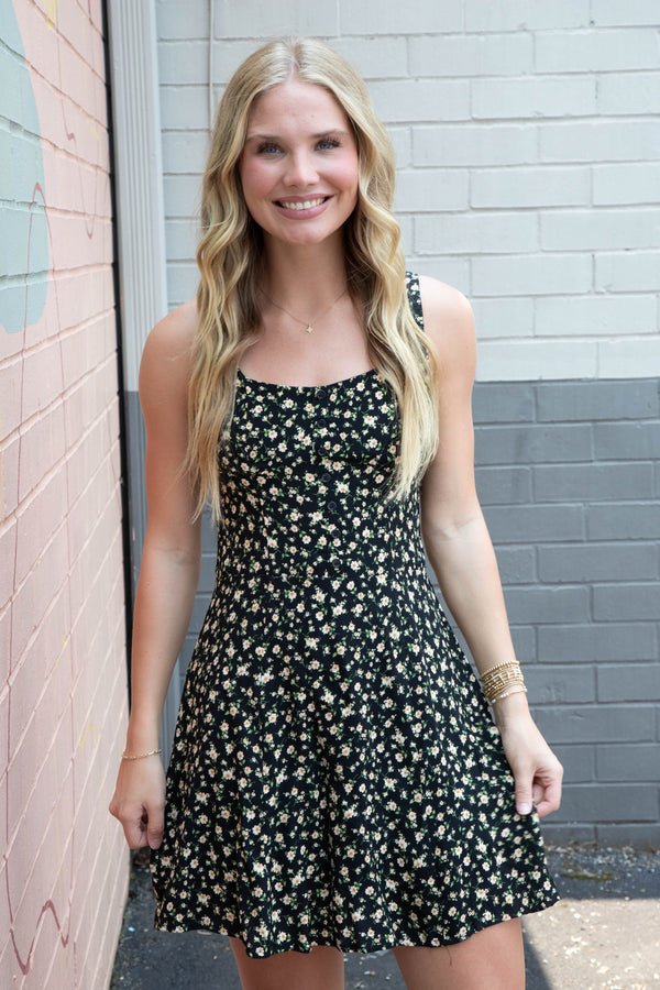 Laney Ditsy Floral Button Down Dress, Black Multi