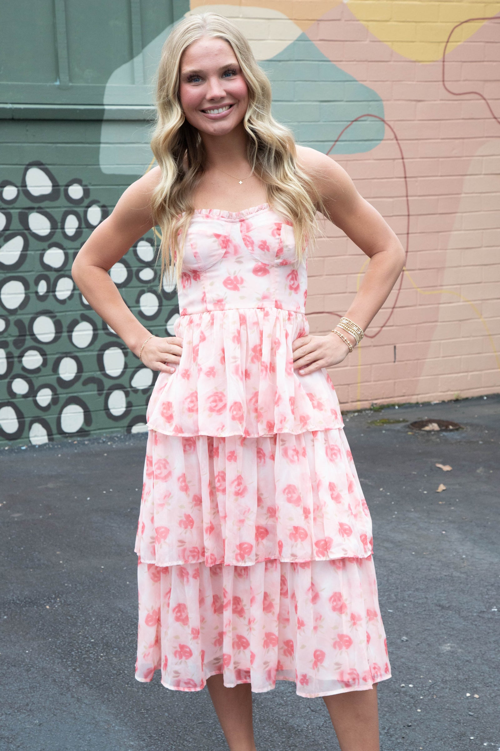 ruffle cocktail dress Scottie Tiered Ruffle Dress, Pink Floral – North & Main Clothing Company