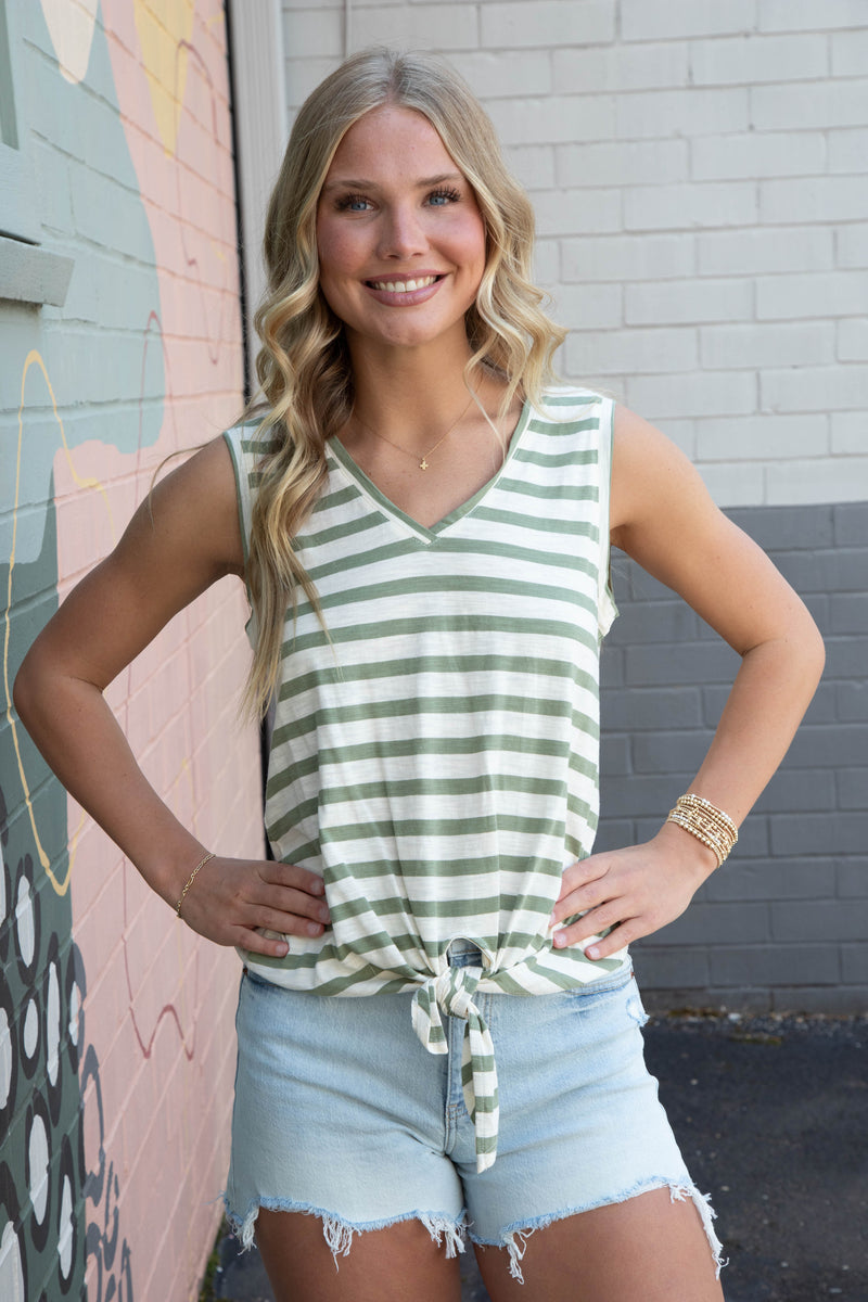 Charlie V-Neck Tie Tank, Sage/Muslin Stripe | Sanctuary