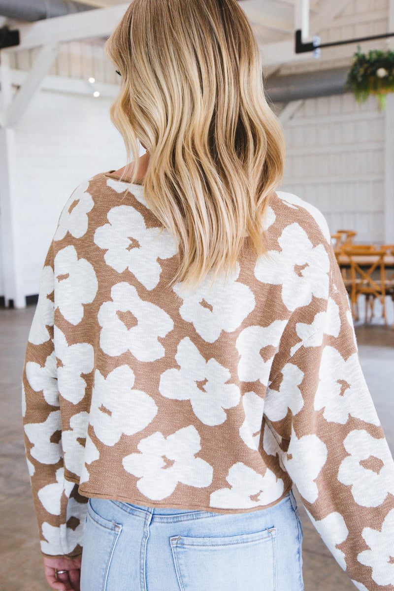 Floral Knit Cropped Sweater, Taupe