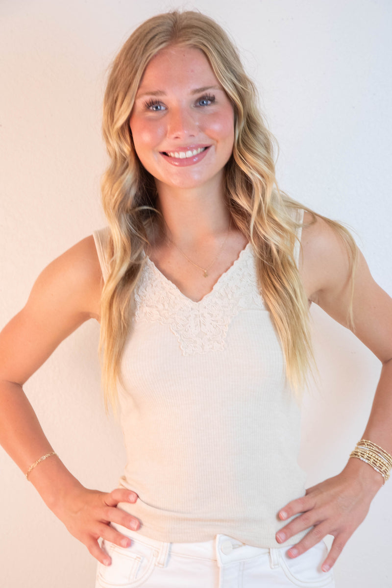 Felicity Lace Trim Ribbed Tank, Taupe Melange