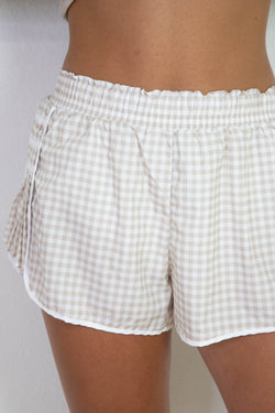 Avianna Gingham Print Active Shorts, Beige Gingham