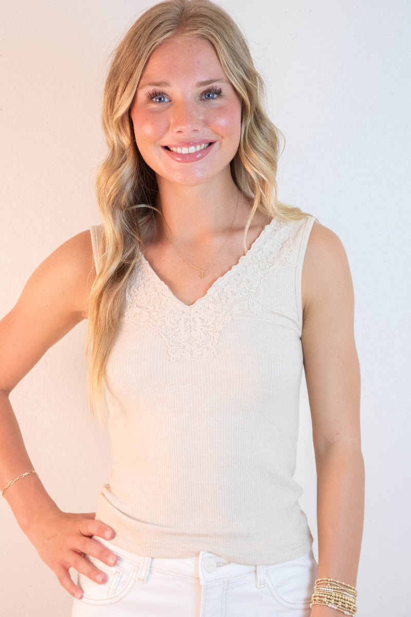 Felicity Lace Trim Ribbed Tank, Taupe Melange