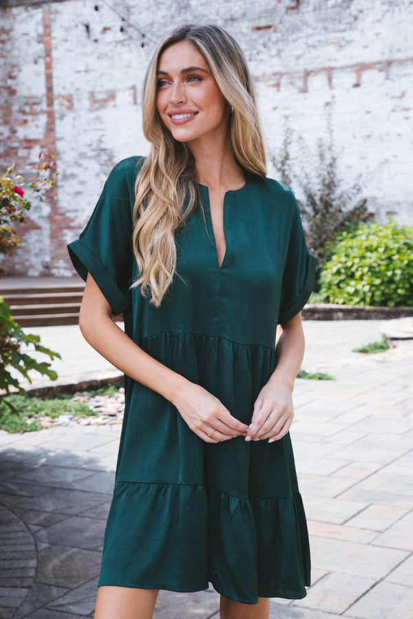 Serrano Tiered Dress, Hunter Green