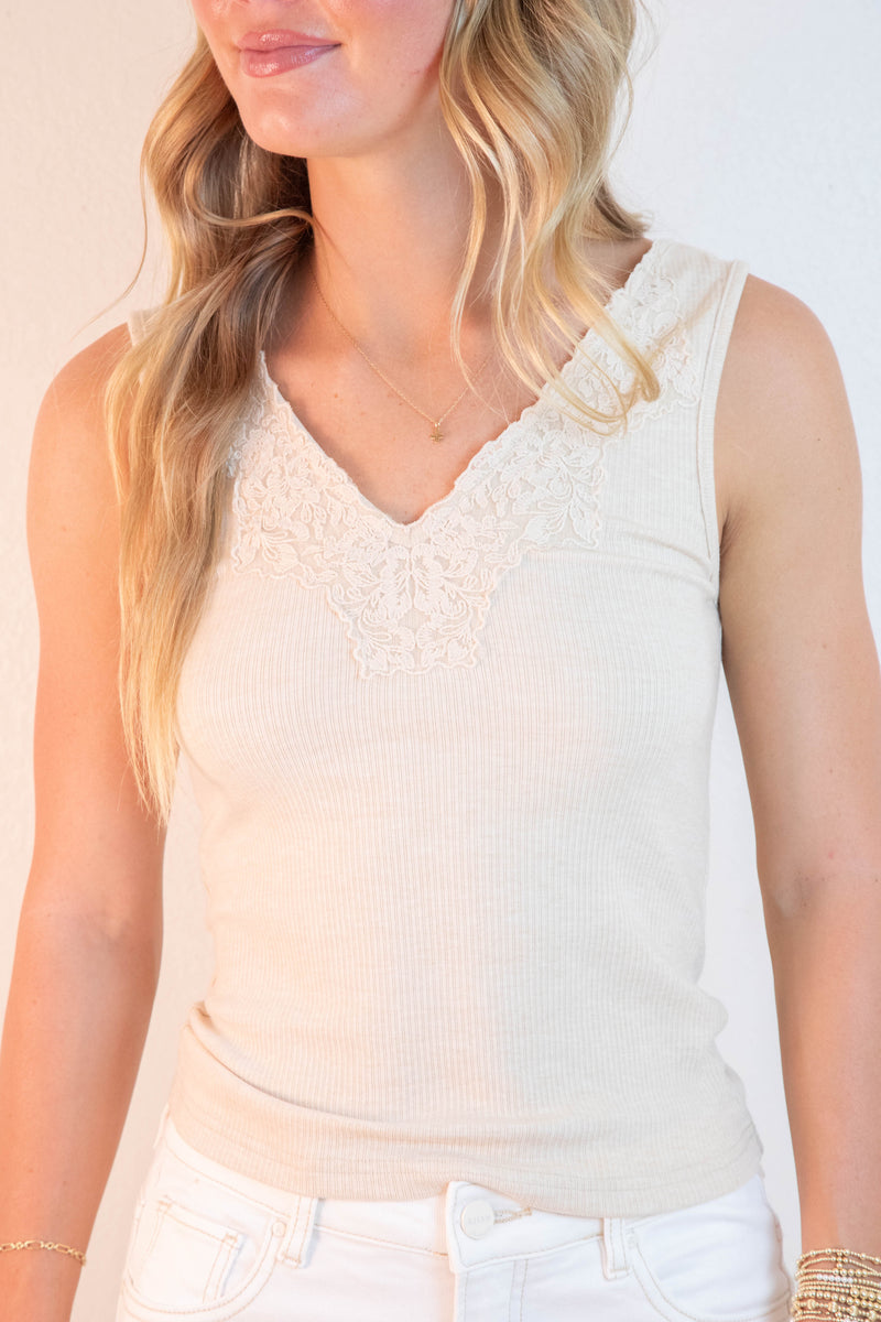 Felicity Lace Trim Ribbed Tank, Taupe Melange