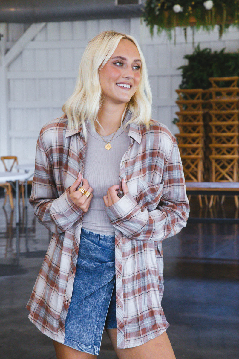 Fall Back Plaid Flannel Shirt, Almond