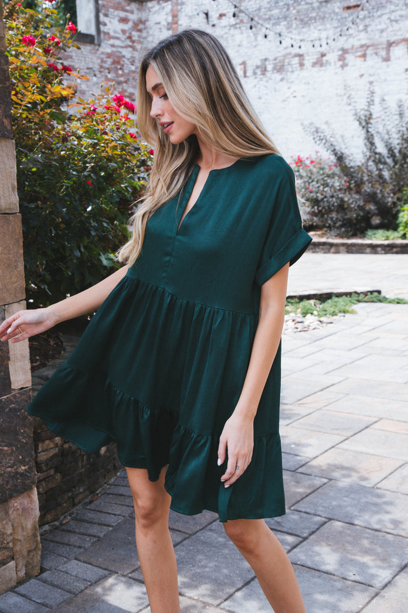 Serrano Tiered Dress, Hunter Green