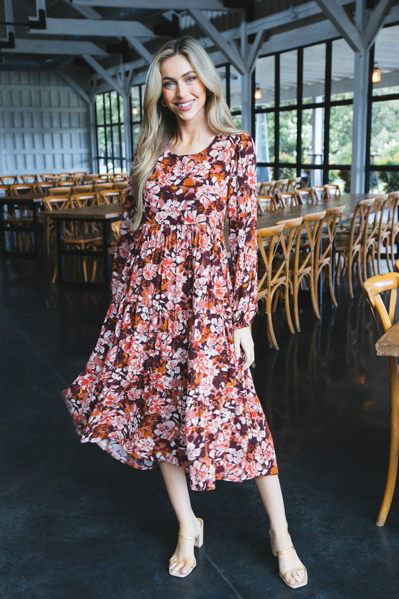 Jolie Long Sleeve Floral Tiered Midi Dress, Burgundy