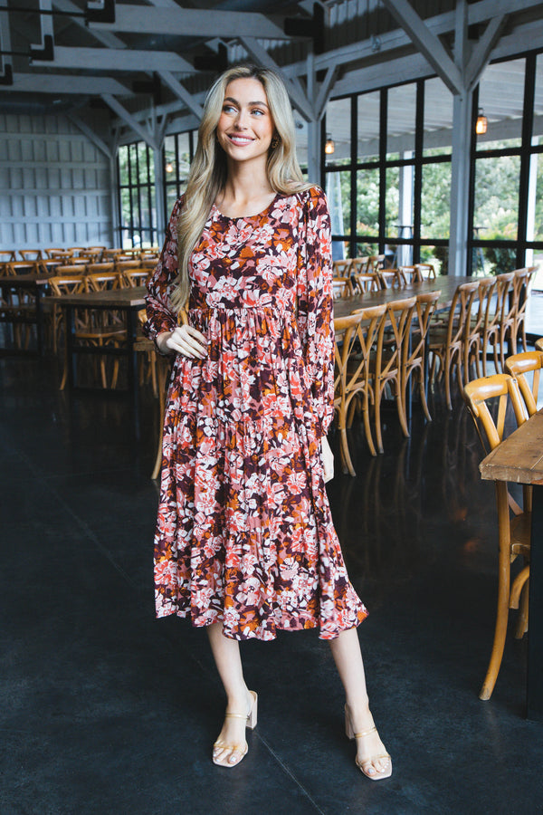 Jolie Long Sleeve Floral Tiered Midi Dress, Burgundy