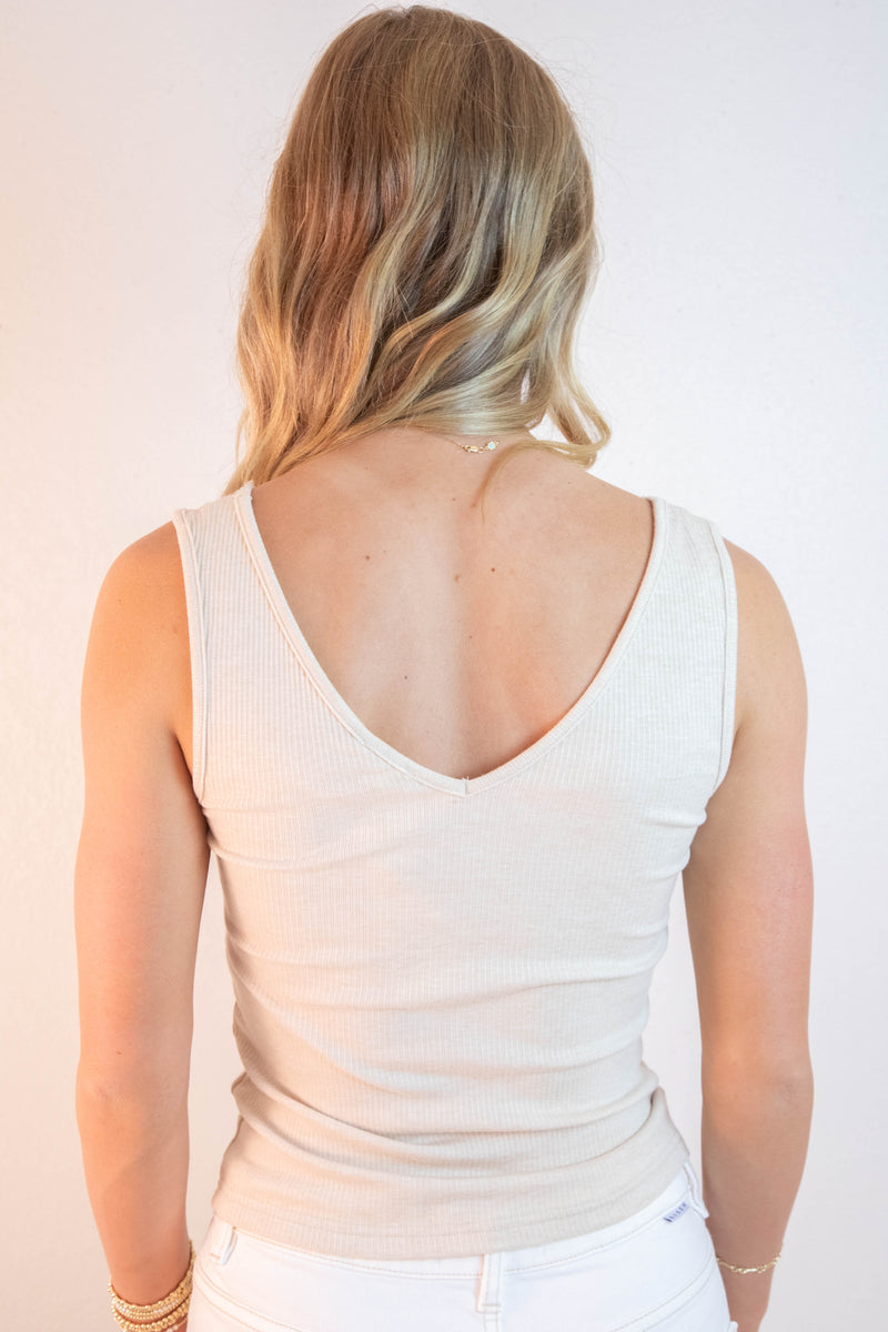 Felicity Lace Trim Ribbed Tank, Taupe Melange