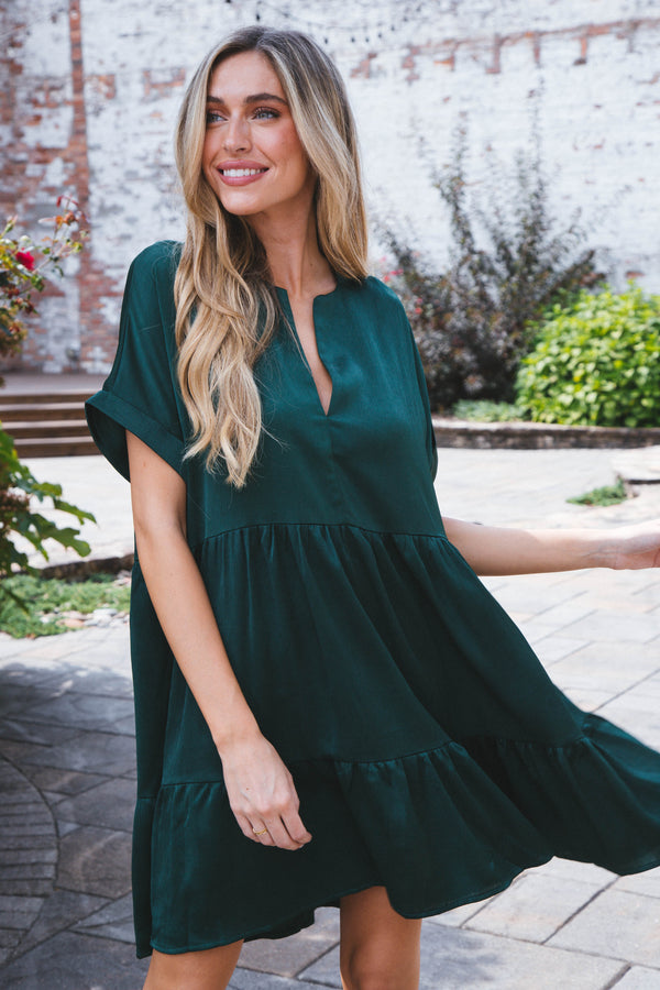 Serrano Tiered Dress, Hunter Green