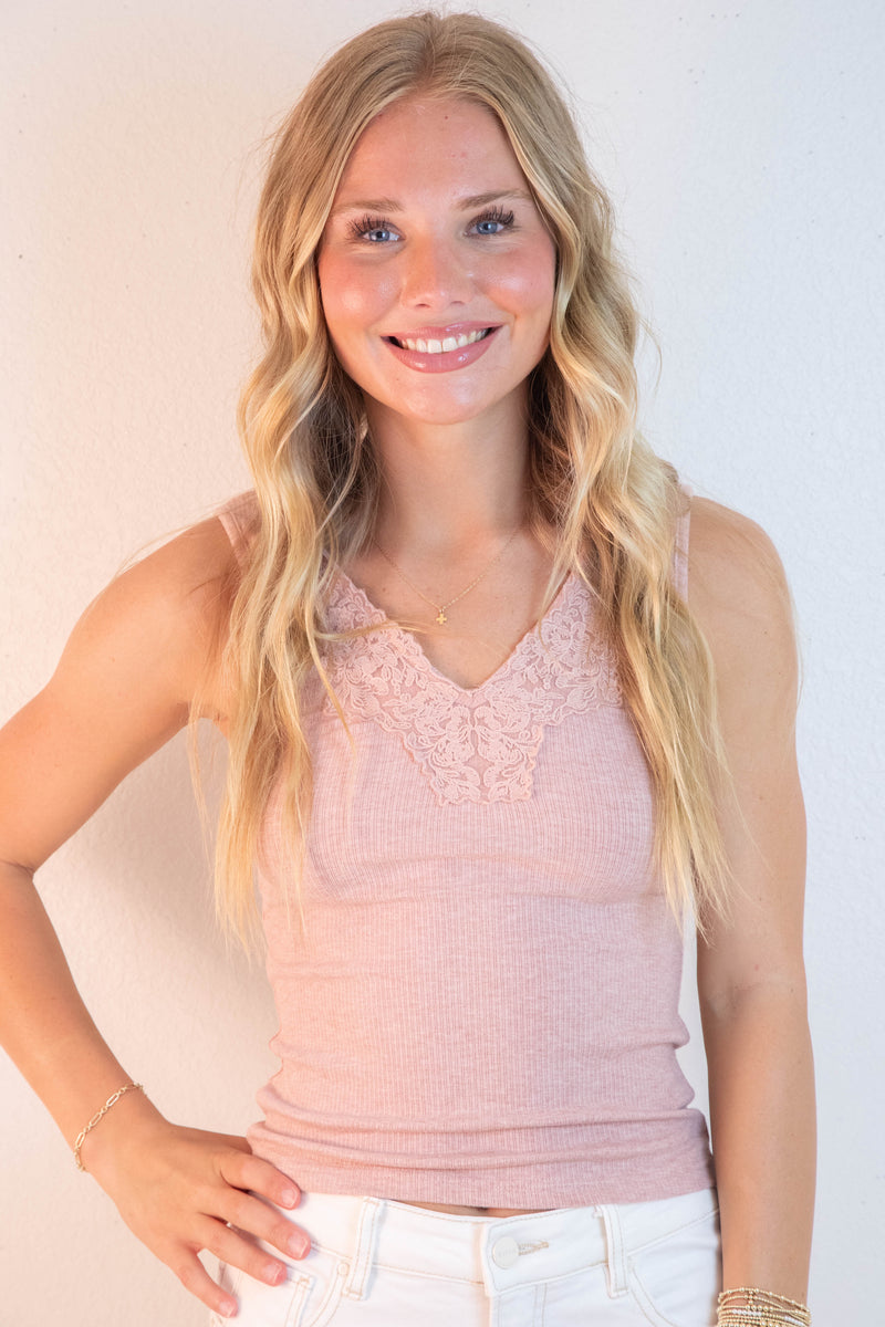 Felicity Lace Trim Ribbed Tank, Dusty Mauve Melange