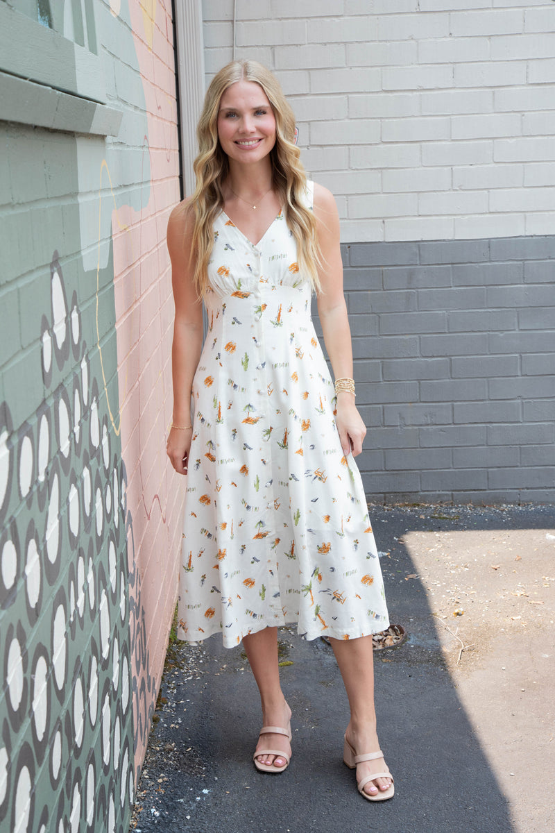 Melina Beach Print Midi Dress, Cream Multi S / Cream Multi Melina Beach Print Midi Dress, Cream Multi S / Cream Multi