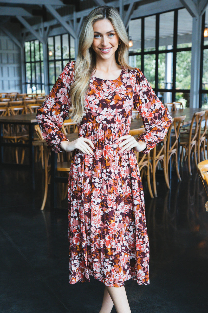 Jolie Long Sleeve Floral Tiered Midi Dress, Burgundy