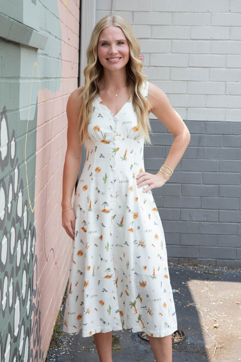 Melina Beach Print Midi Dress, Cream Multi