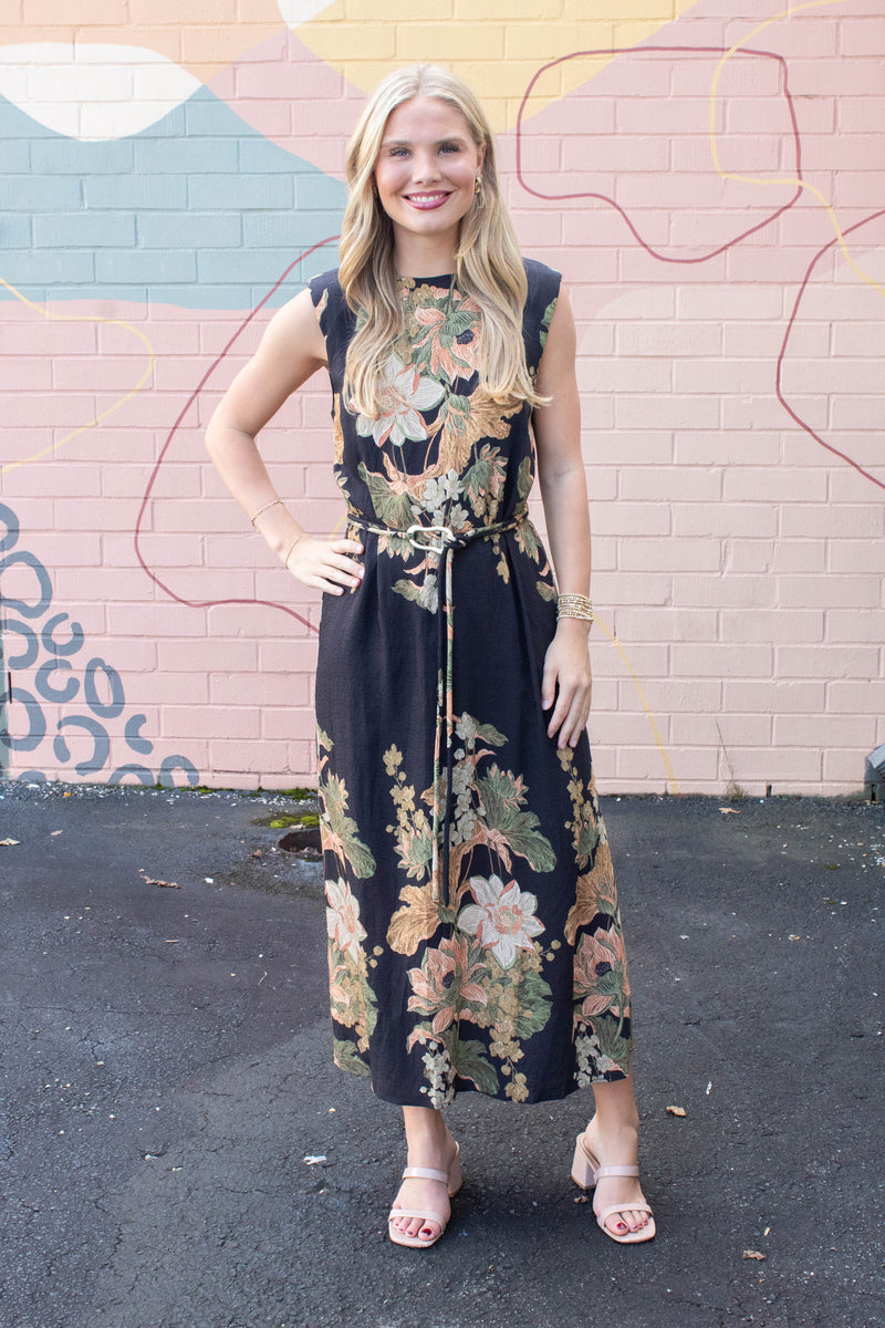 Alaina Floral Tie Waist Dress, Black