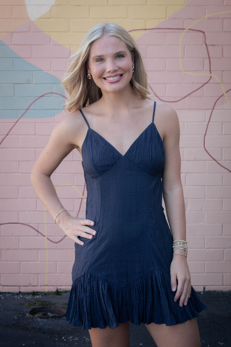 Billie Crinkled Fabric Mini Dress, Navy Blue