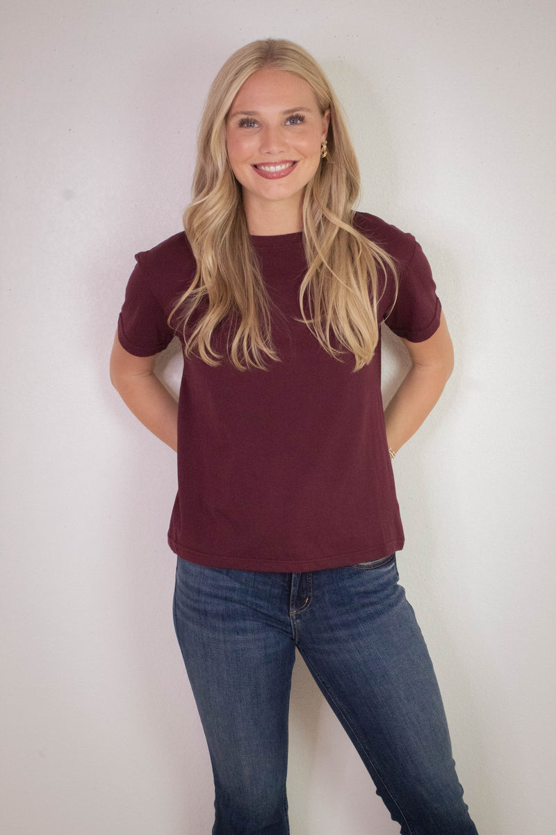 Sarah Round Neck Tee, Burgundy