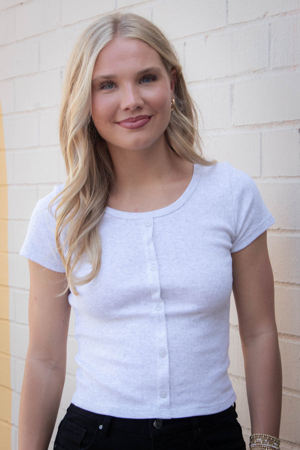 Georgia Faux Button Pointelle Top, Light Heather Grey