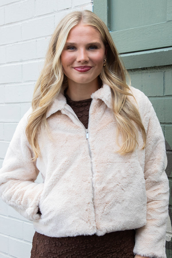 Libby Faux Fur Zip Up Jacket, Cream | Sadie & Sage
