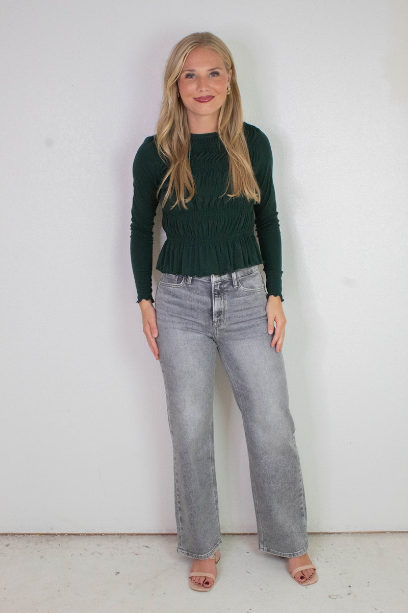 Elsie Round Neck Smocked Top, Dark Green