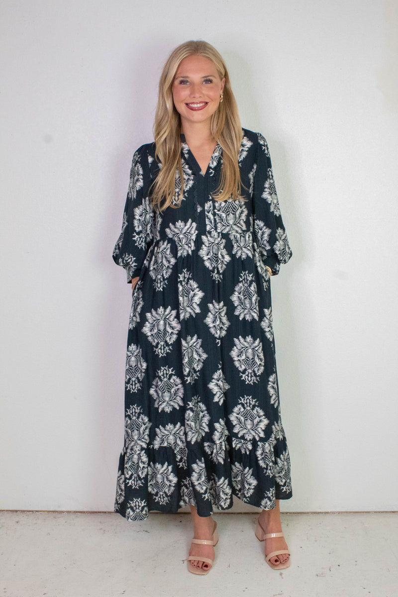 Cecilia Boho Floral Midi Dress, Navy