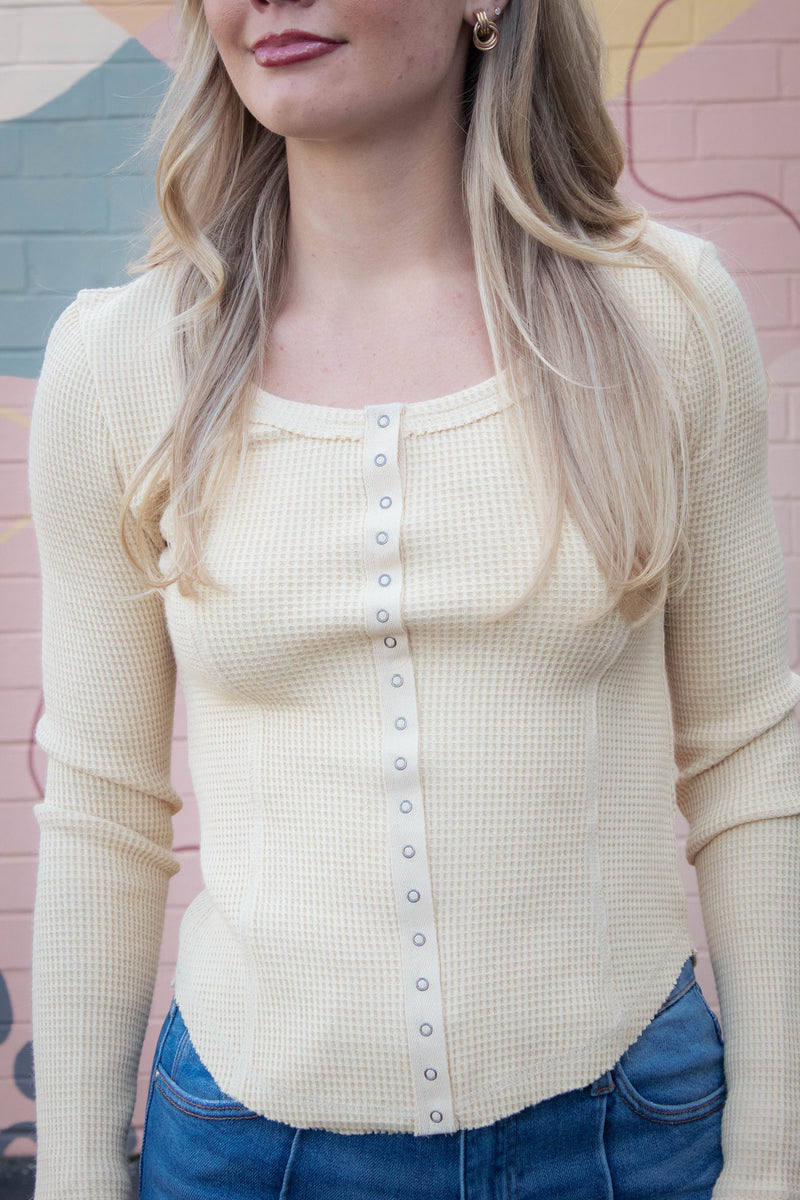 Opal Waffle Knit Snap Button Top, Yellow