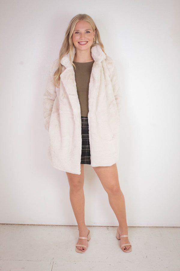 Ayla Faux Fur Collared Long Coat, Tan